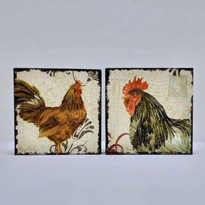 French Farmhouse Roosters Square Canvas Set of 2 Rebecca Baer